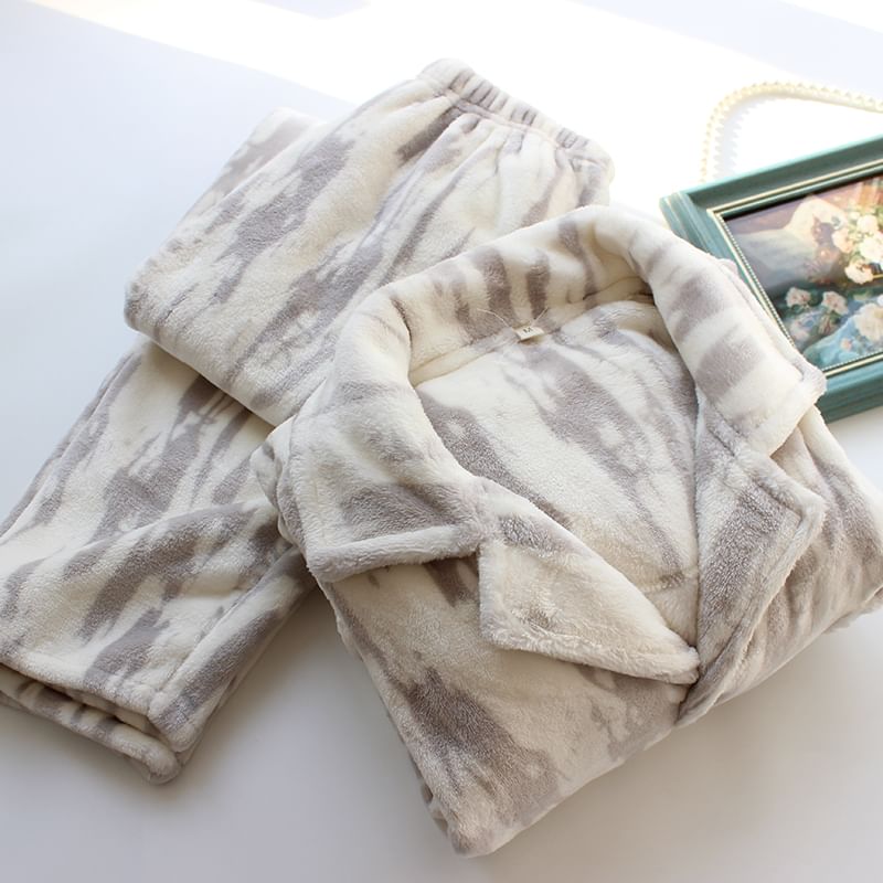 Couple Matching Pajama Set: Long-Sleeve Lapel Collar Zebra Print Flannel Button Top + Pants (Various Designs)