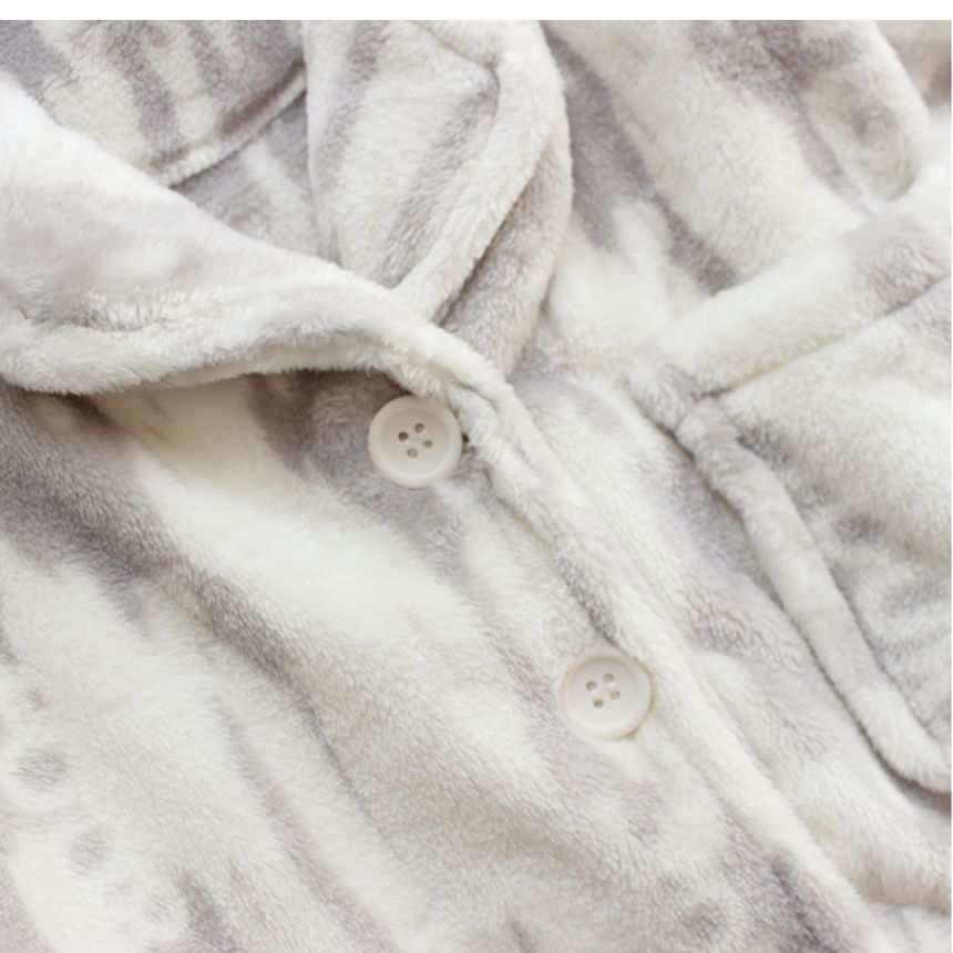 Couple Matching Pajama Set: Long-Sleeve Lapel Collar Zebra Print Flannel Button Top + Pants (Various Designs)