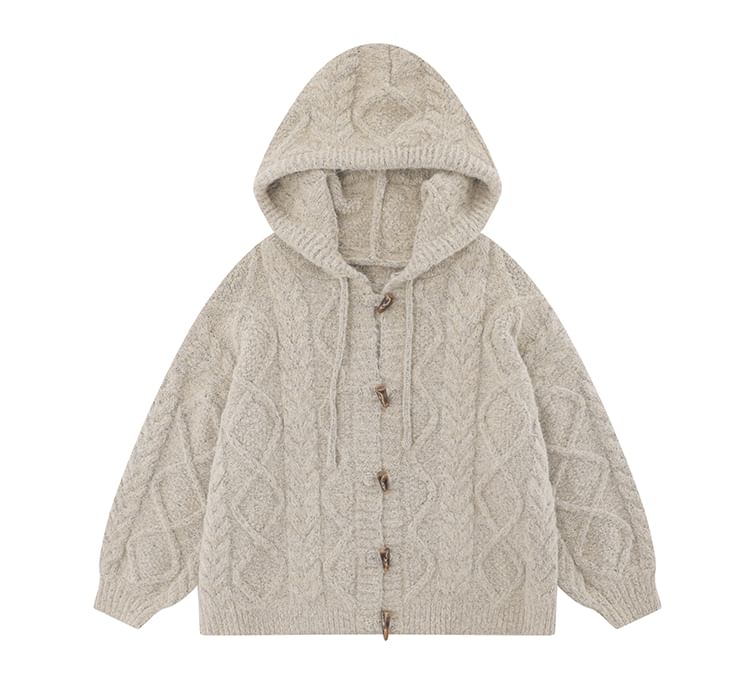 Solid Hood Cable Knit Toggle Cardigan