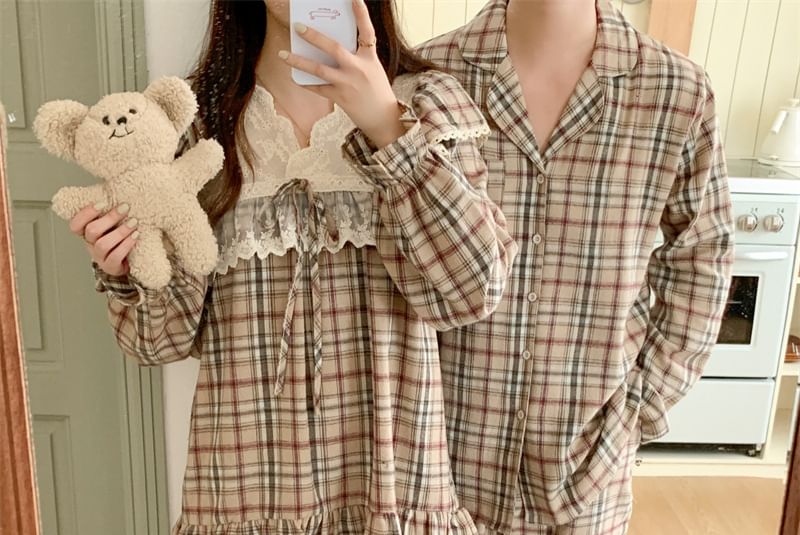 Couple Matching Long-Sleeve Plaid Pajama Top / Pants / Dress / Set