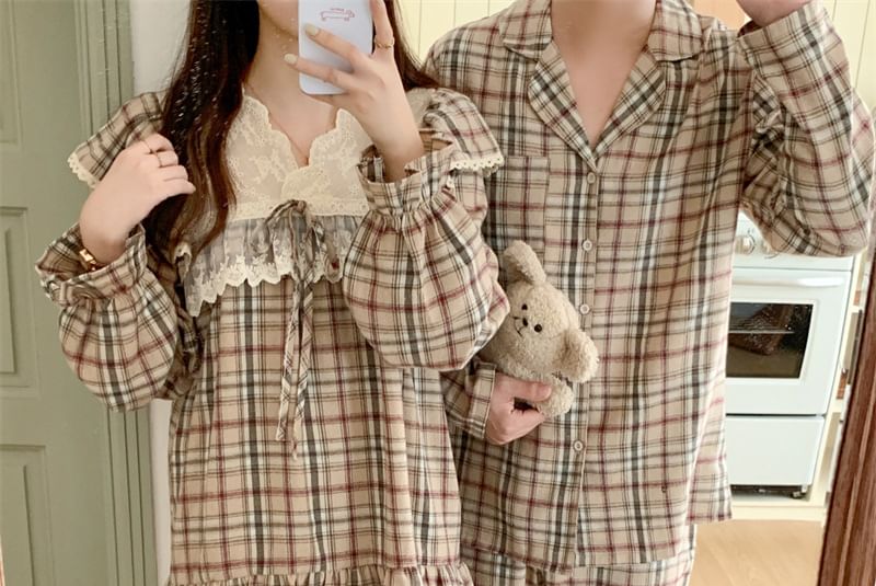 Couple Matching Long-Sleeve Plaid Pajama Top / Pants / Dress / Set