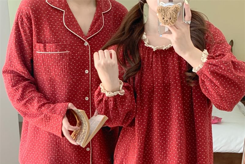 Couple Matching Long-Sleeve Dotted Pajama Top / Dress / Set