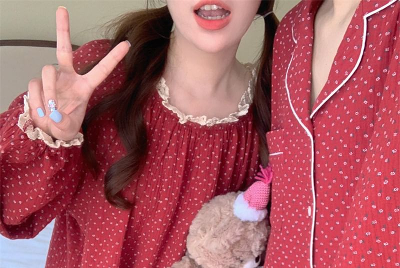 Couple Matching Long-Sleeve Dotted Pajama Top / Dress / Set