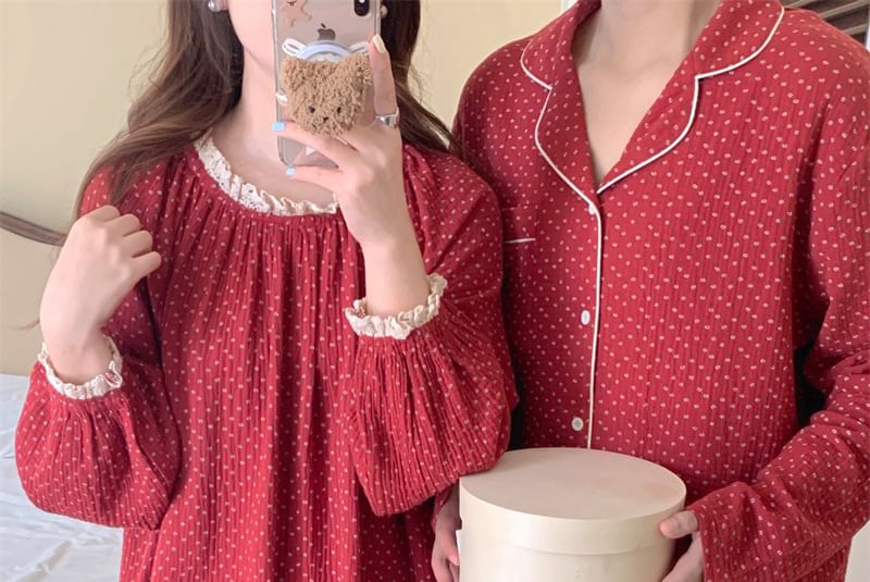 Couple Matching Long-Sleeve Dotted Pajama Top / Dress / Set