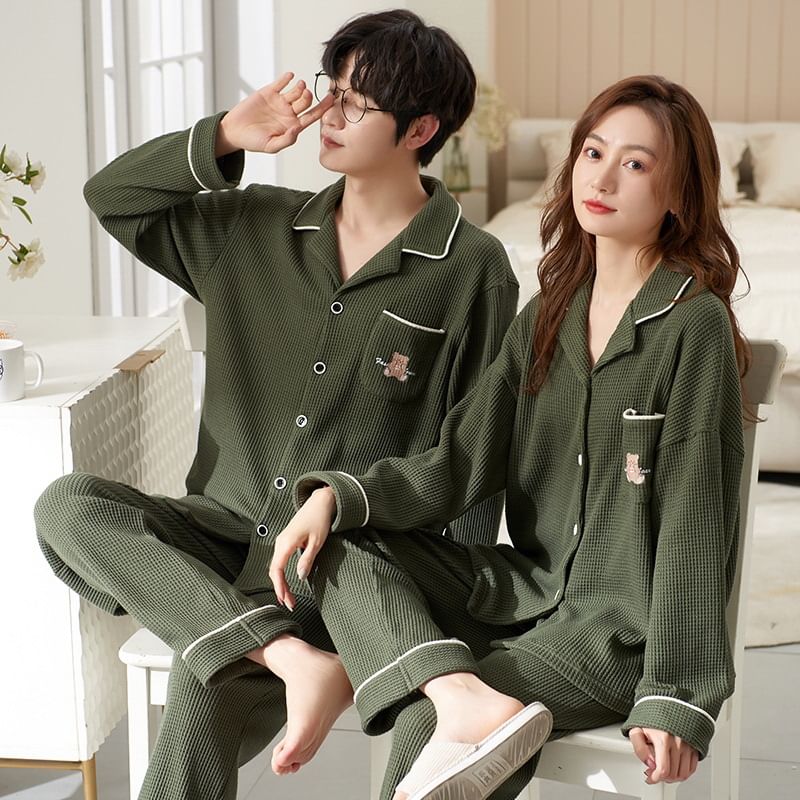 Couple Matching Loungewear Set : Long-Sleeve Bear Print Top + Pants