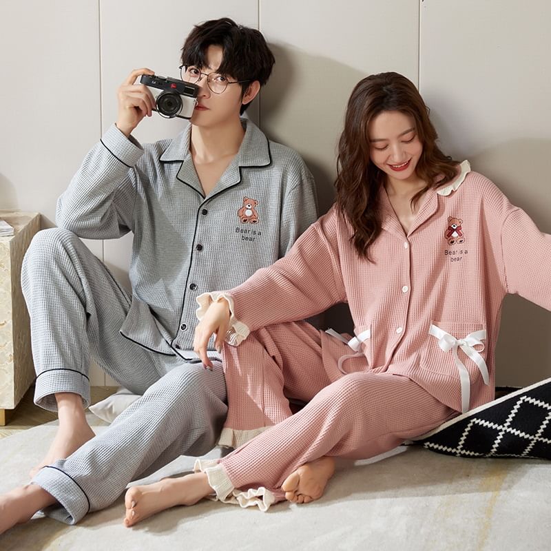 Couple Matching Loungewear Set : Long-Sleeve Bear Print Top + Pants