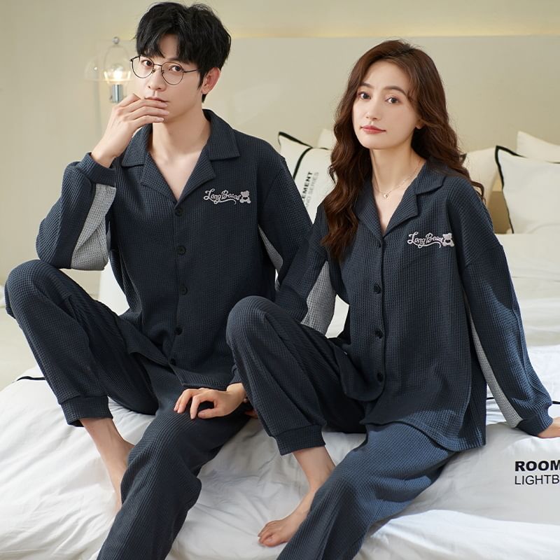 Couple Matching Loungewear Set : Long-Sleeve Color Block Bear Print Top + Pants