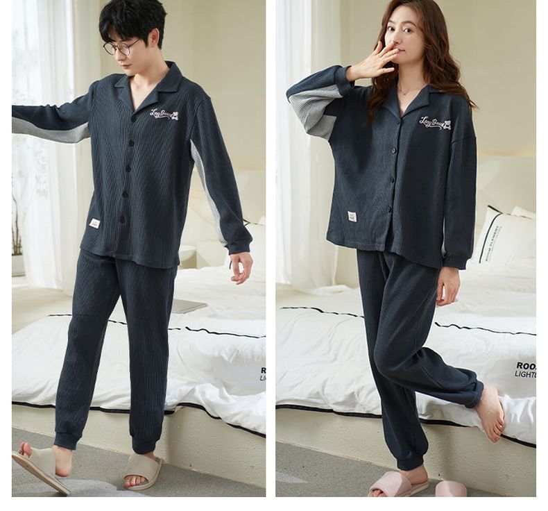 Couple Matching Loungewear Set : Long-Sleeve Color Block Bear Print Top + Pants