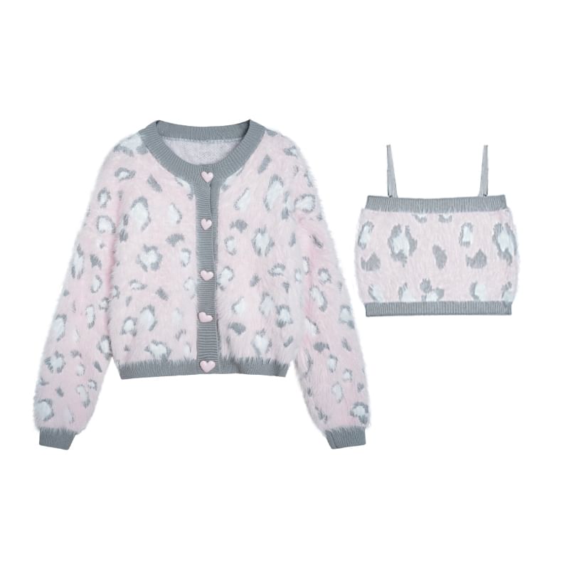 Round Neck Leopard Fluffy Cardigan Set