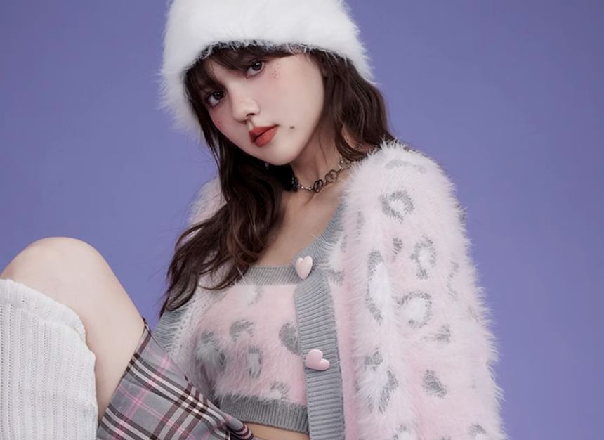 Round Neck Leopard Fluffy Cardigan Set