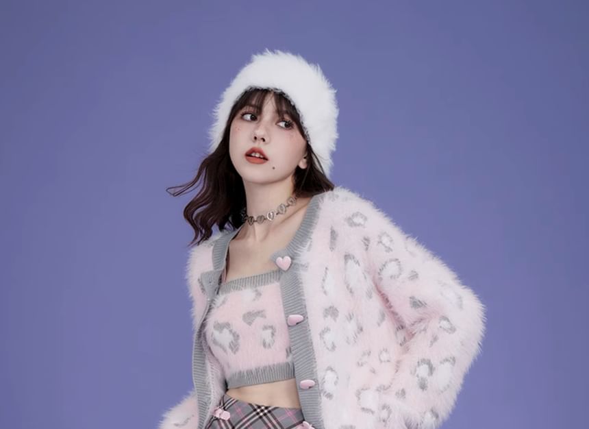 Round Neck Leopard Fluffy Cardigan Set