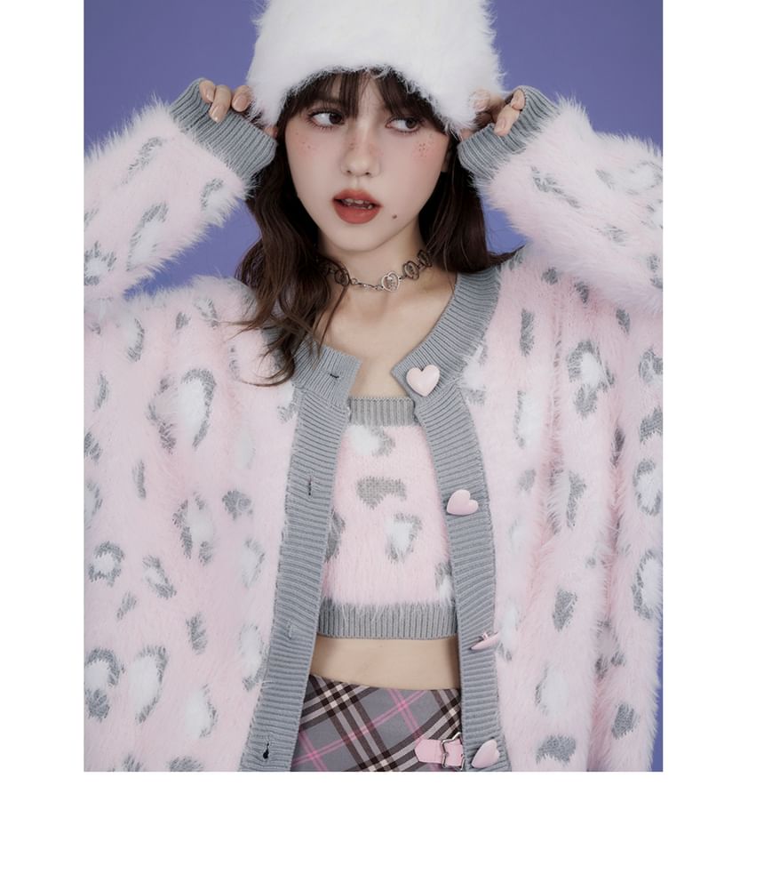 Round Neck Leopard Fluffy Cardigan Set
