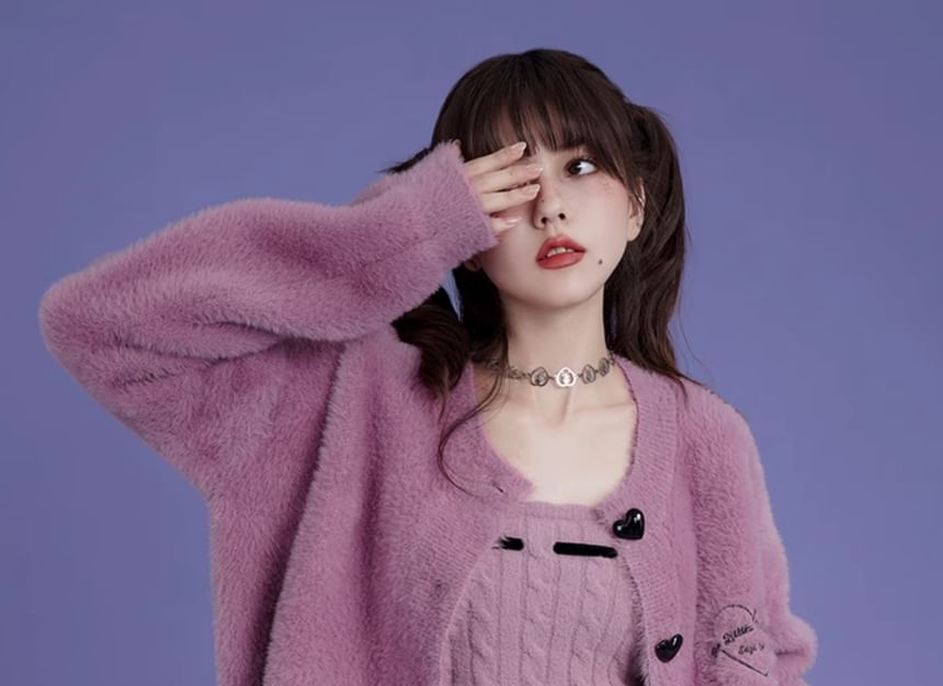 Crew Neck Basic Fluffy Cardigan Set