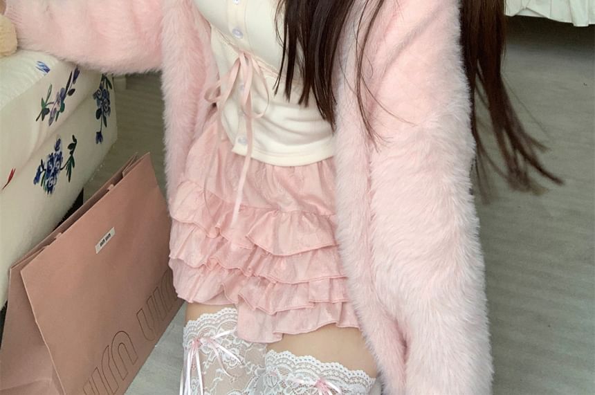 Fluffy Open Cardigan with Lace Cami and Ruffle Mini Skirt