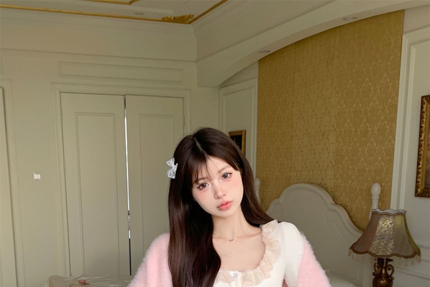 Fluffy Open Cardigan with Lace Cami and Ruffle Mini Skirt