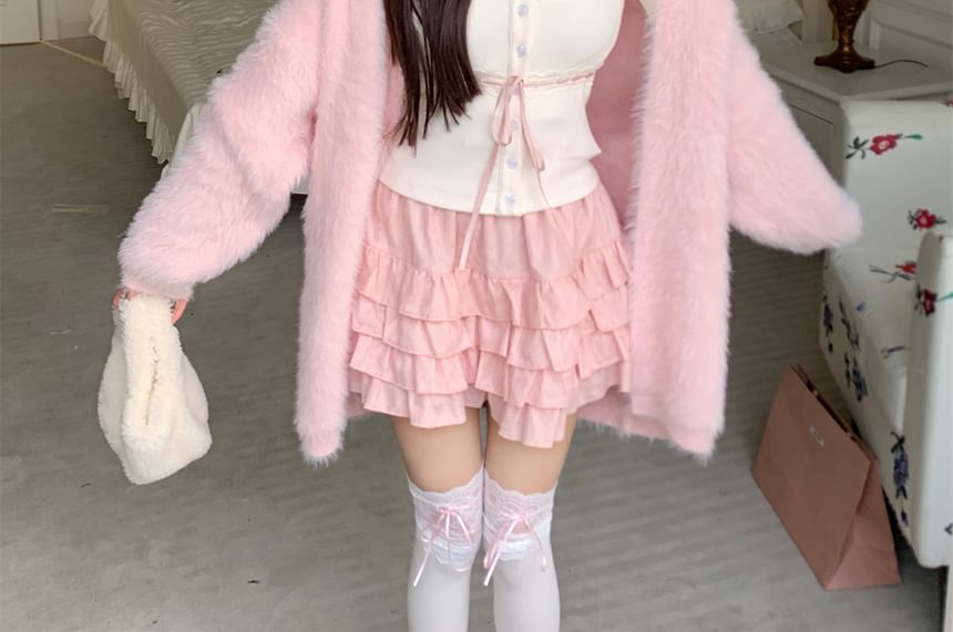 Fluffy Open Cardigan with Lace Cami and Ruffle Mini Skirt
