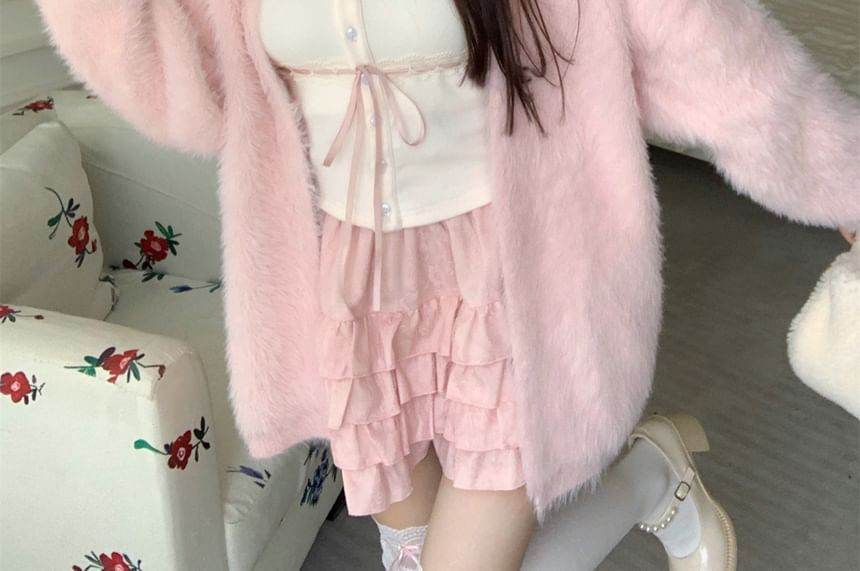 Fluffy Open Cardigan with Lace Cami and Ruffle Mini Skirt