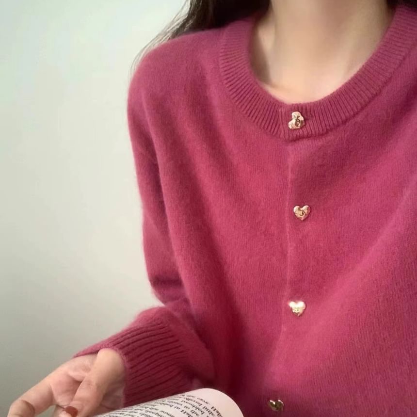 Round Neck Solid Heart Button Cardigan