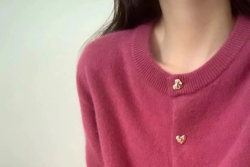 Round Neck Solid Heart Button Cardigan