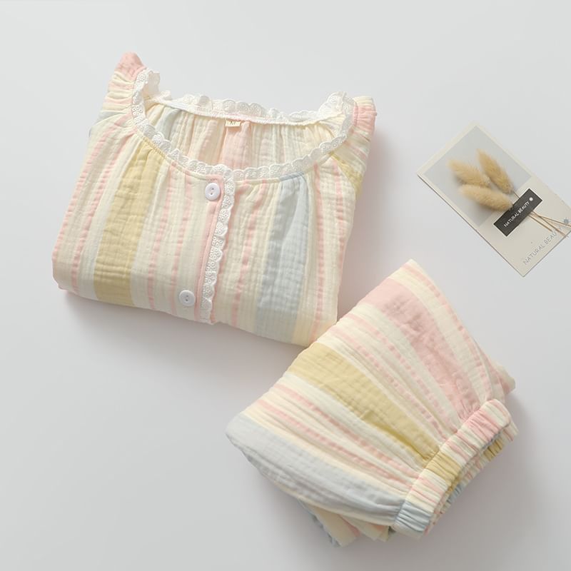 Color Block Pajama Set with Lace Trim Button-Up and Pants