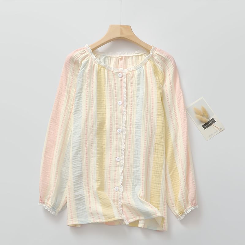 Color Block Pajama Set with Lace Trim Button-Up and Pants
