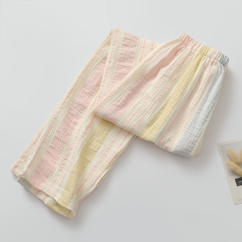 Color Block Pajama Set with Lace Trim Button-Up and Pants