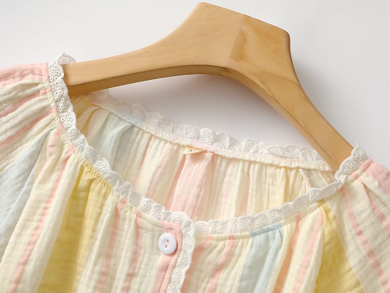 Color Block Pajama Set with Lace Trim Button-Up and Pants