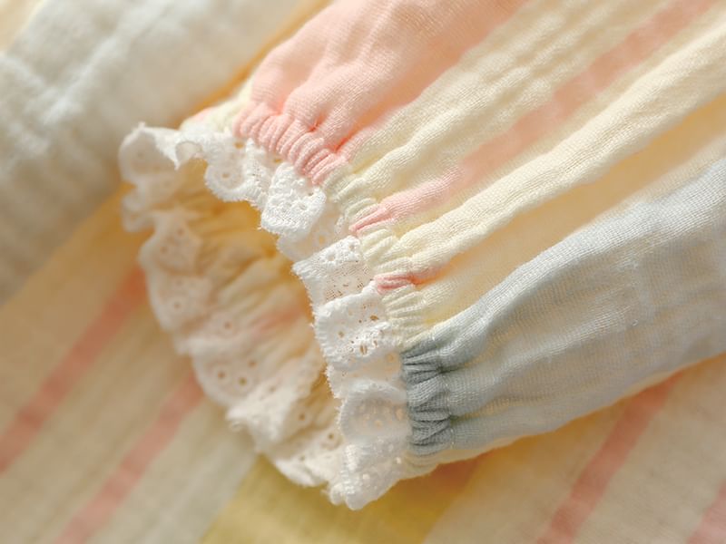 Color Block Pajama Set with Lace Trim Button-Up and Pants