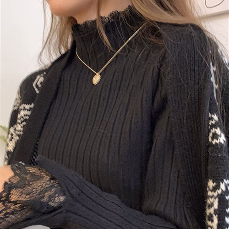 Ribbed Mock Neck Lace Trim Knit Sweater