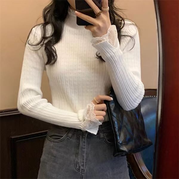 Ribbed Mock Neck Lace Trim Knit Sweater