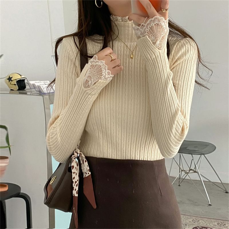 Ribbed Mock Neck Lace Trim Knit Sweater