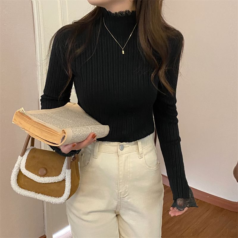 Ribbed Mock Neck Lace Trim Knit Sweater