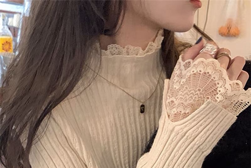Ribbed Mock Neck Lace Trim Knit Sweater