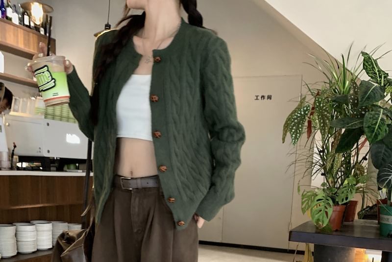 Round Neck Cable Knit Cardigan with Wide Leg Jeans