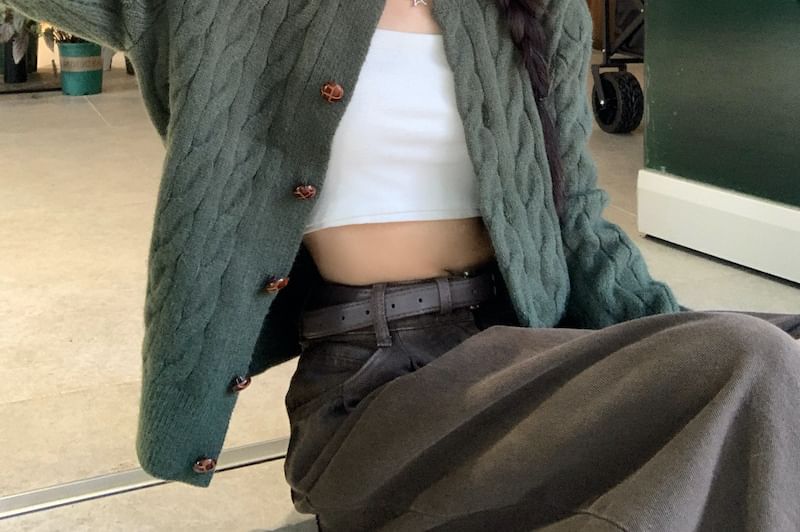Round Neck Cable Knit Cardigan with Wide Leg Jeans