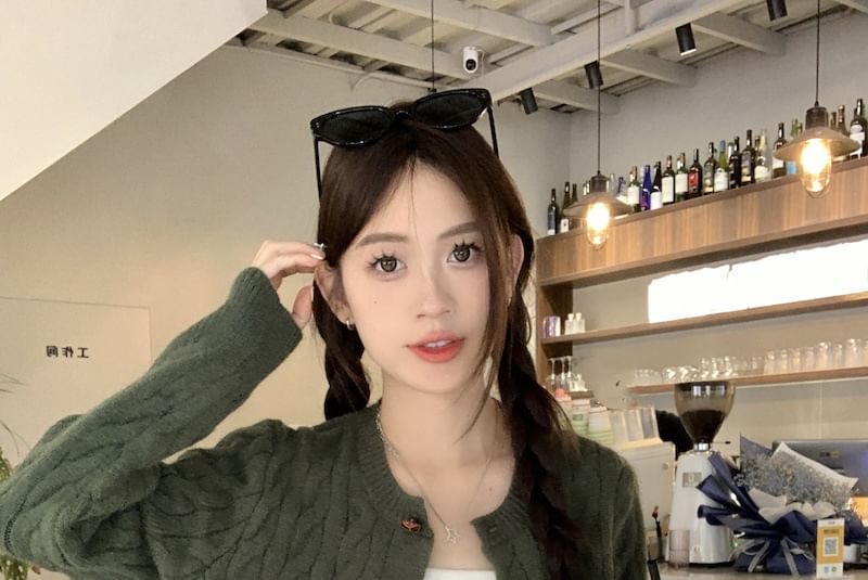 Round Neck Cable Knit Cardigan with Wide Leg Jeans