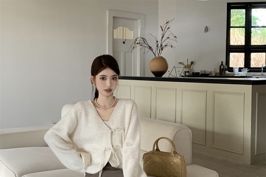 Melange Frog Closure Cardigan with Knit Maxi A-Line Skirt