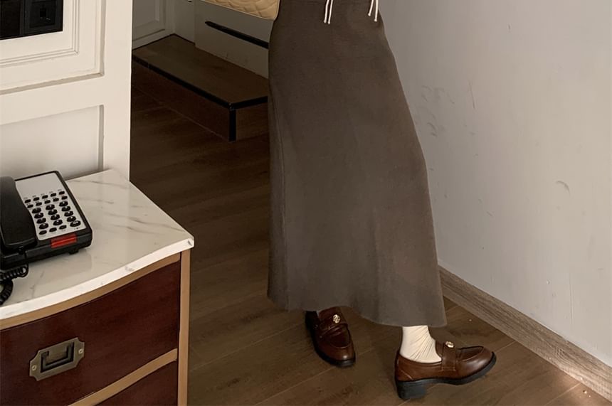 Melange Frog Closure Cardigan with Knit Maxi A-Line Skirt