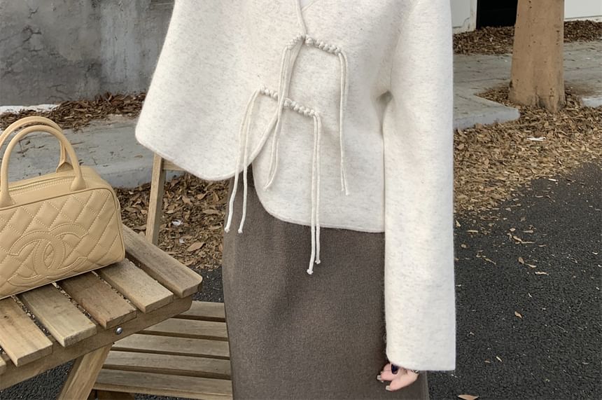 Melange Frog Closure Cardigan with Knit Maxi A-Line Skirt