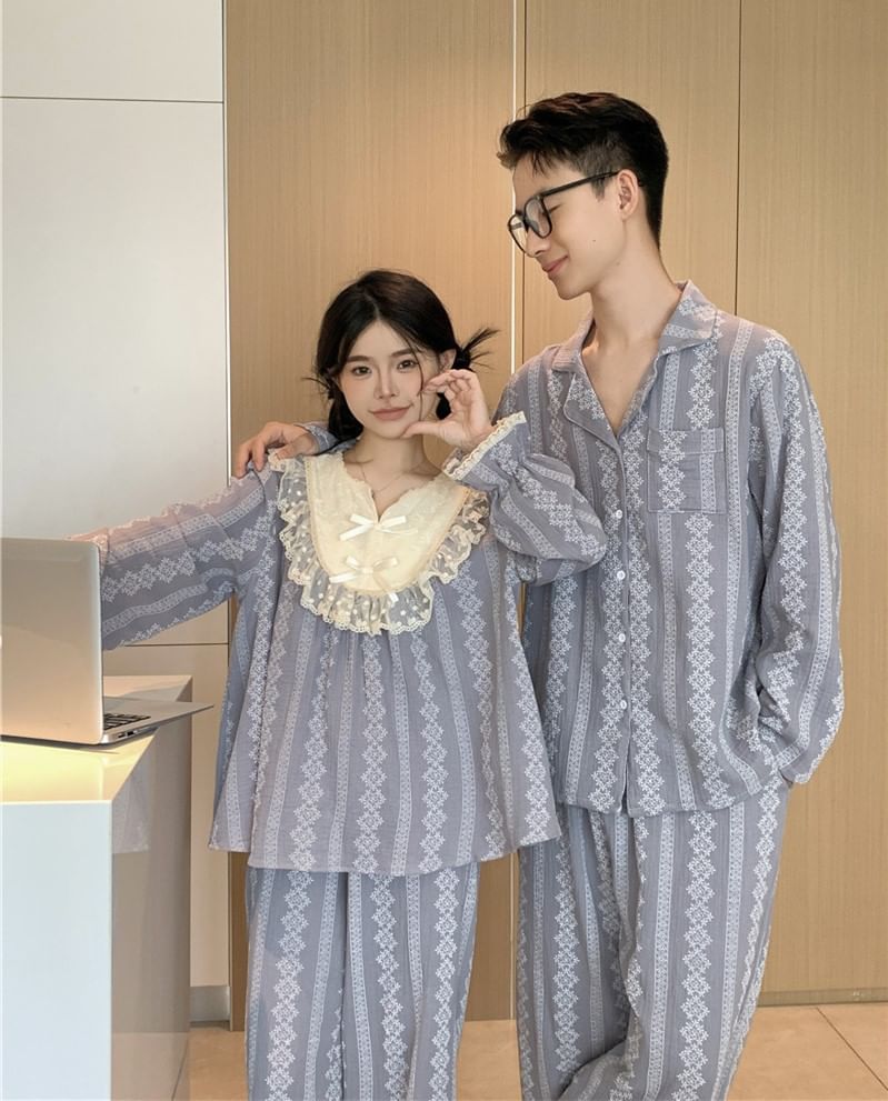 Couple Matching Pajama Set: Long Sleeve Patterned Print Top + High Waist Straight Leg Pants (Various Designs)