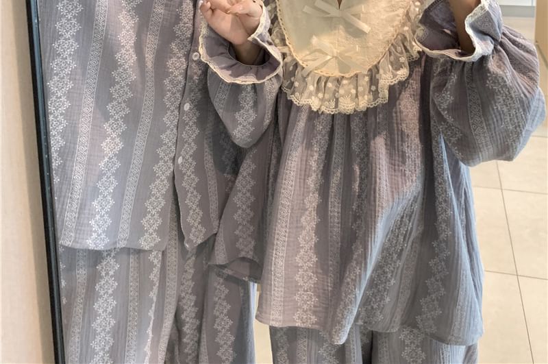 Couple Matching Pajama Set: Long Sleeve Patterned Print Top + High Waist Straight Leg Pants (Various Designs)