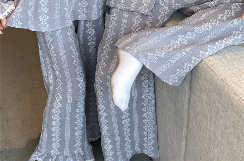 Couple Matching Pajama Set: Long Sleeve Patterned Print Top + High Waist Straight Leg Pants (Various Designs)