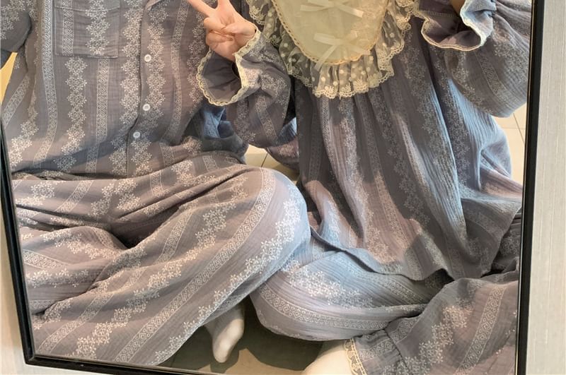 Couple Matching Pajama Set: Long Sleeve Patterned Print Top + High Waist Straight Leg Pants (Various Designs)