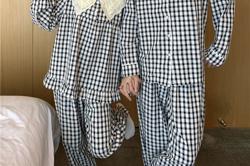 Couple Matching Long Sleeve Plaid Button Pajama Top / High Waist Straight Leg Pants / Pajama Dress / Set (Various Designs)
