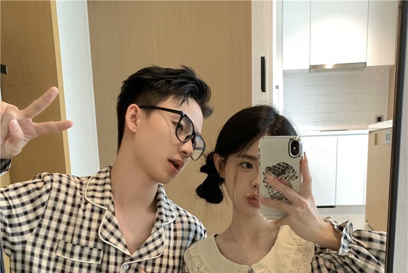 Couple Matching Long Sleeve Plaid Button Pajama Top / High Waist Straight Leg Pants / Pajama Dress / Set (Various Designs)