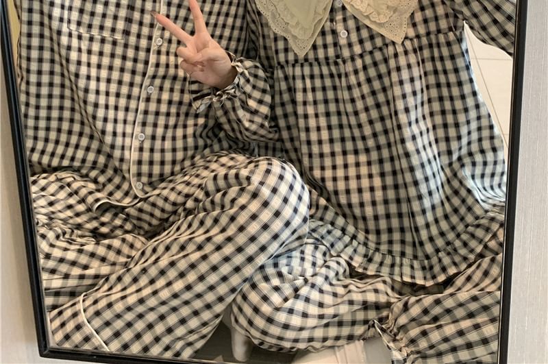 Couple Matching Long Sleeve Plaid Button Pajama Top / High Waist Straight Leg Pants / Pajama Dress / Set (Various Designs)