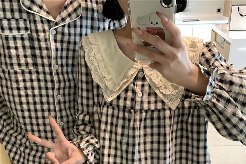 Couple Matching Long Sleeve Plaid Button Pajama Top / High Waist Straight Leg Pants / Pajama Dress / Set (Various Designs)