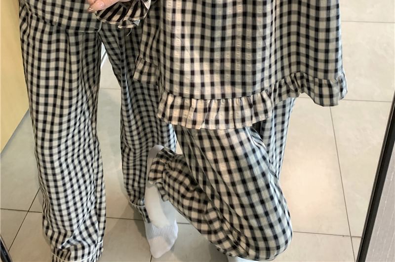 Couple Matching Long Sleeve Plaid Button Pajama Top / High Waist Straight Leg Pants / Pajama Dress / Set (Various Designs)
