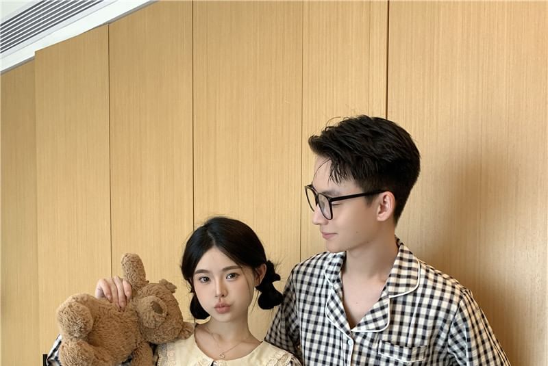 Couple Matching Long Sleeve Plaid Button Pajama Top / High Waist Straight Leg Pants / Pajama Dress / Set (Various Designs)