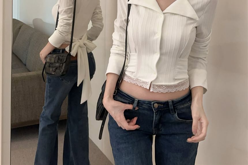 Back-Bow Fitted Shirt with Lace Trim Long Sleeves